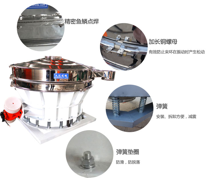 1500直排篩細(xì)節(jié)展示:彈簧,彈簧墊圈,加長(zhǎng)銅螺母。