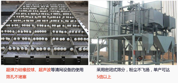 方形搖擺篩采用密閉式篩分,杜絕粉塵飛揚,且單產(chǎn)達(dá)到5倍以上;超彈力硅橡膠球、高頻率超聲波等清網(wǎng)設(shè)備的使用,不會造成篩孔堵塞,使產(chǎn)量提升。