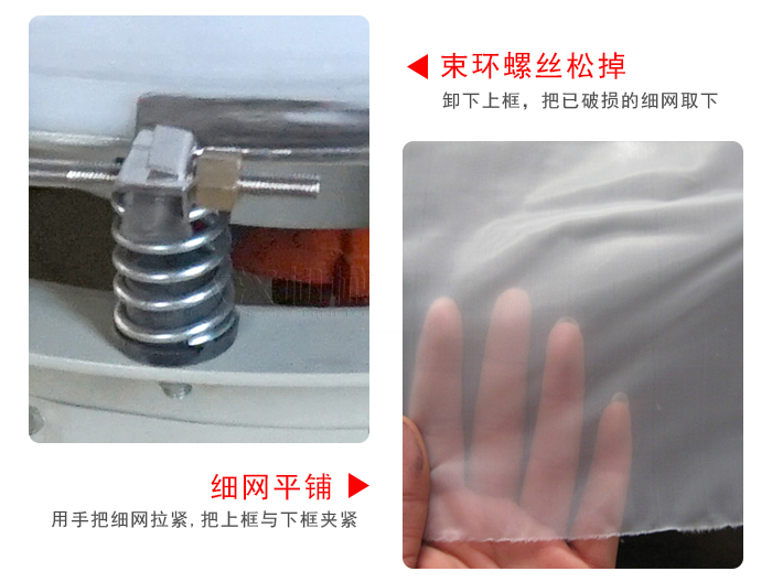 換網步驟：先松開束環(huán)，把新的細網平鋪在網架上繃緊