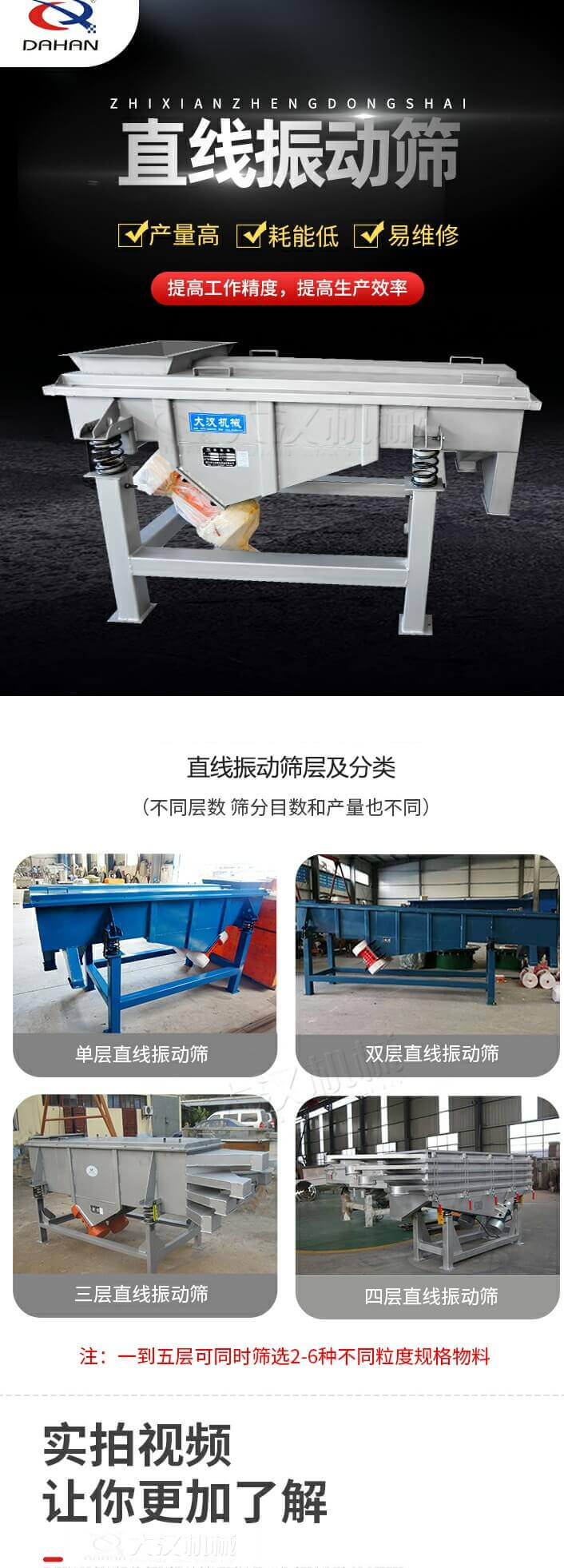 直線振動篩概述，產量高，耗能低，易維修，提高工作精度，提高生產效率，直線振動篩層級分類：不同層數，篩分目數和產量也不同：單層，雙層，三層，四層等。