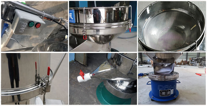 過濾篩細(xì)節(jié)展示：控制開關(guān)，篩框，出料口閥門，底座等